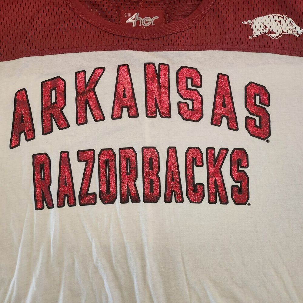 NWT G-iii 4her Jersey Arkansas Razorbacks Cream Red T-Shirt‎ Size Medium Shimmer - Picture 12 of 13